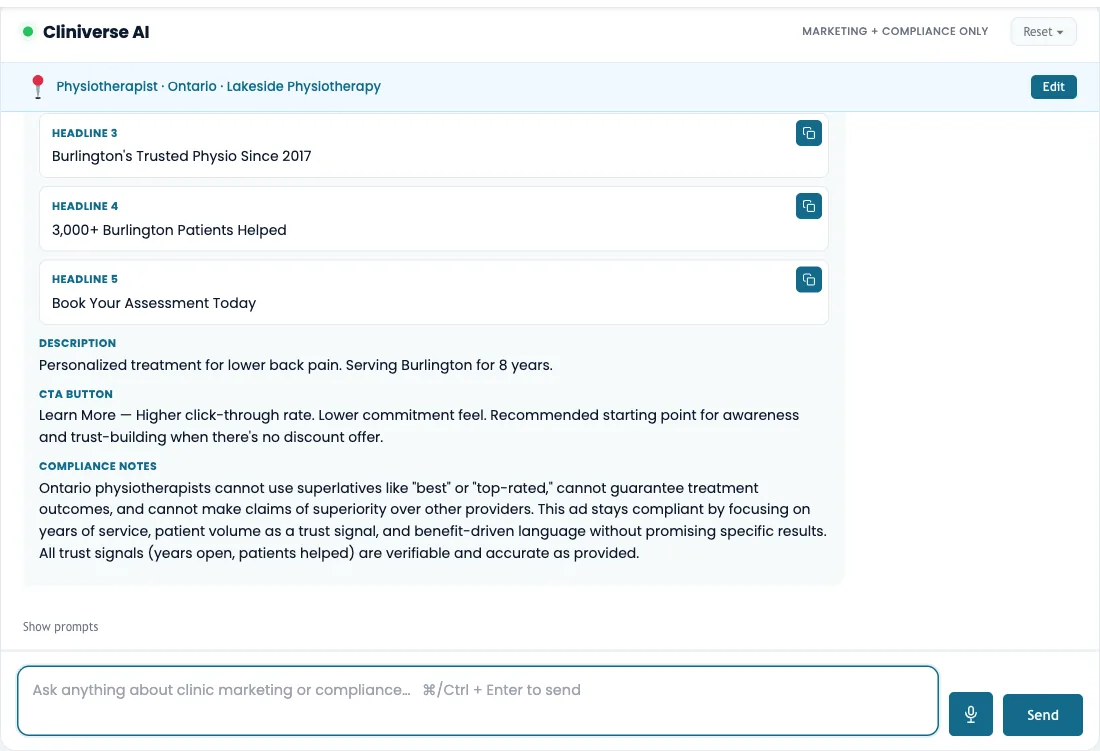 Cliniverse AI compliance notes explaining how the ad meets Ontario rules