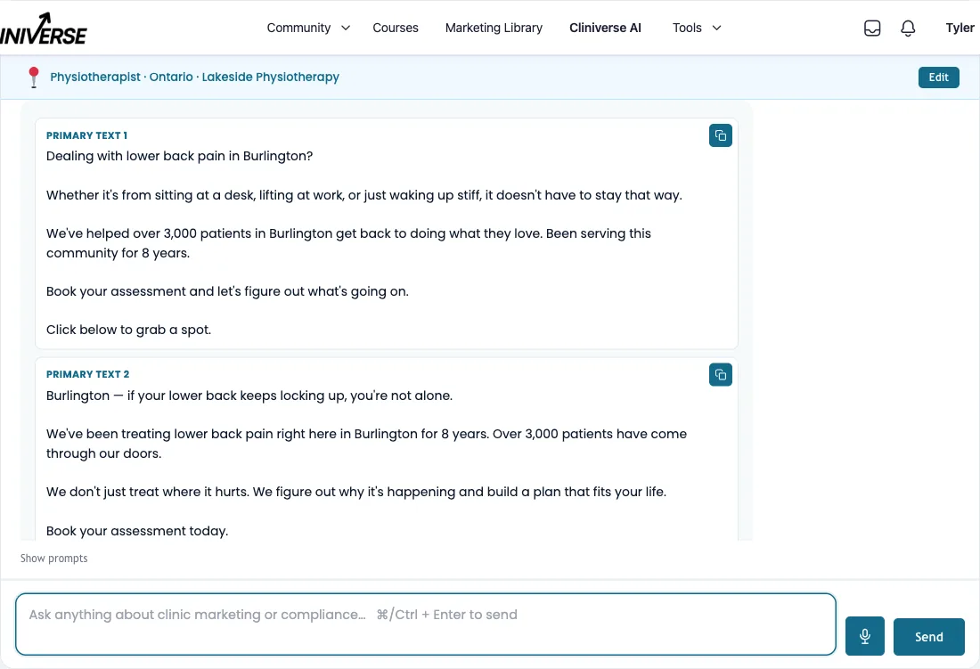 Cliniverse AI response with five Meta ad variations for the clinic