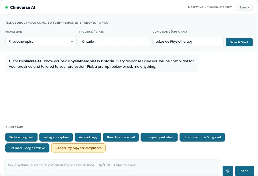 Cliniverse AI setup: profession, province, and clinic name fields