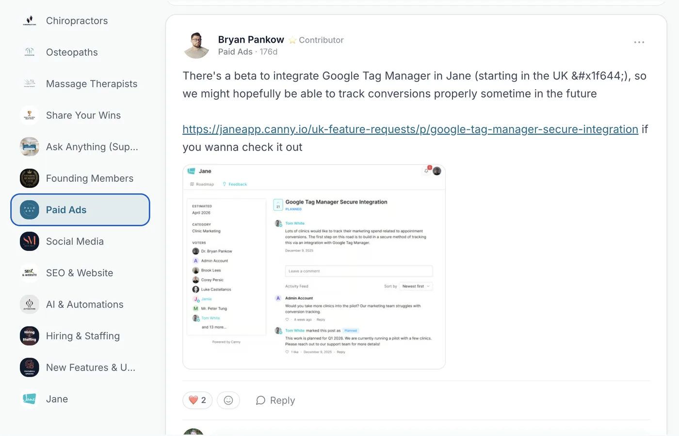 A Cliniverse member sharing a Jane and Google Tag Manager tip inside the Paid Ads space