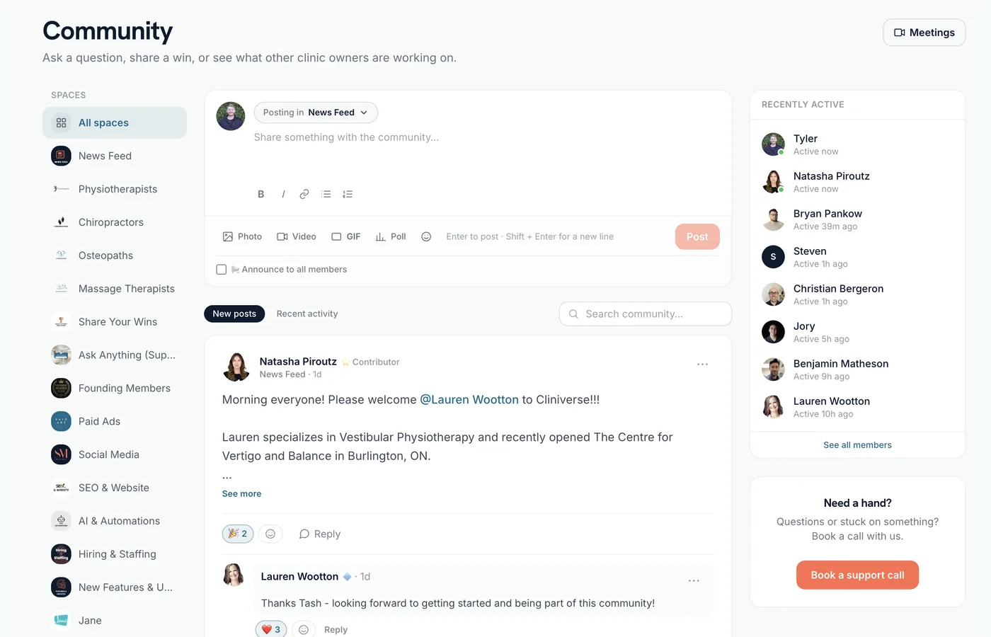 The Cliniverse community with spaces for physiotherapists, chiropractors, osteopaths, massage therapists, paid ads, social media, and more, plus a live feed and active members