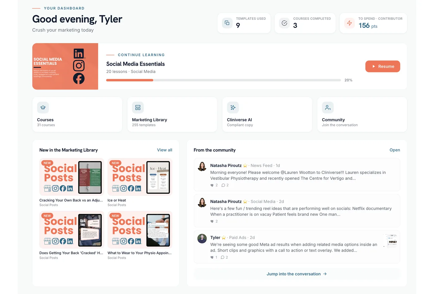 The Cliniverse Membership member dashboard showing courses, the Marketing Library, the AI Clinic Assistant, community activity, and new social post templates