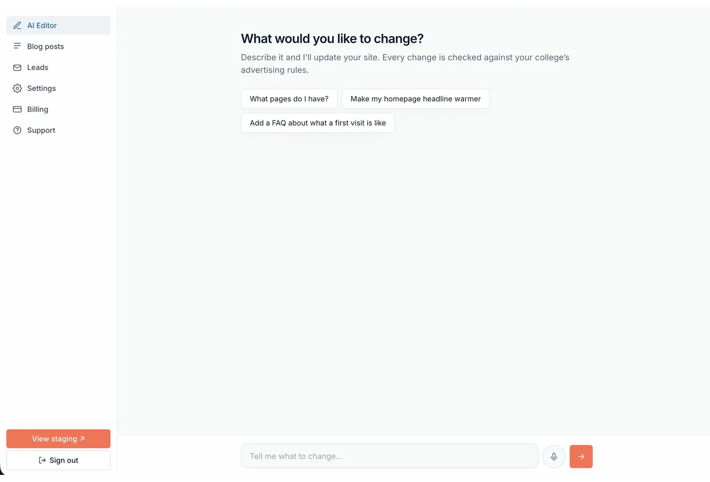 Cliniverse Sites AI editor asking what you would like to change on your clinic website, with every change checked against your college advertising rules