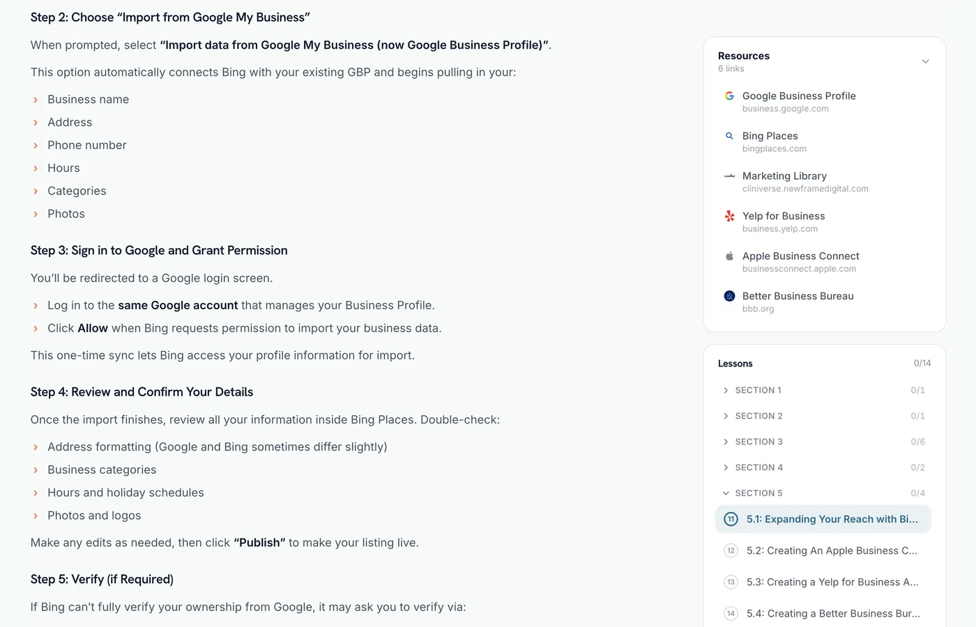 A Cliniverse course lesson with step-by-step written instructions and a resources panel linking Google Business Profile, Bing Places, and more
