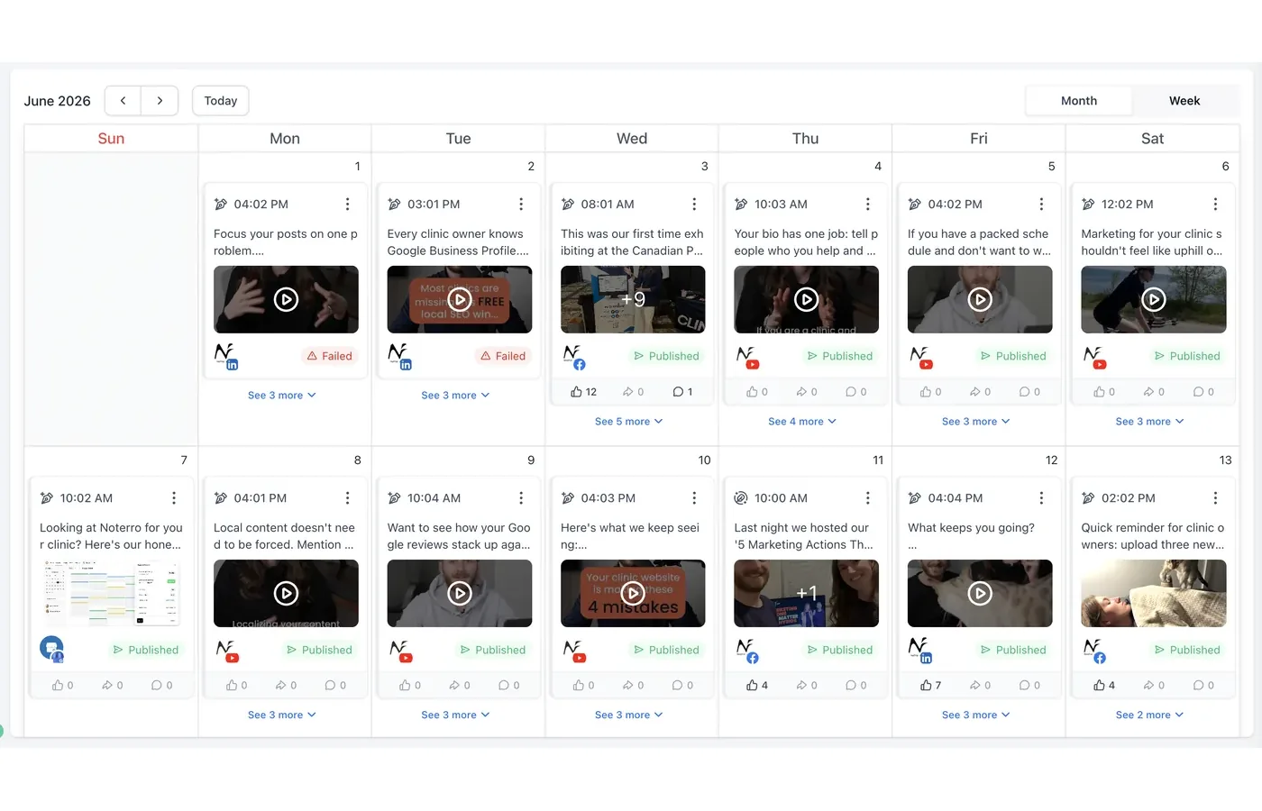Cliniverse Connect social content calendar with a month of scheduled and published posts across Facebook, Instagram, YouTube, and LinkedIn