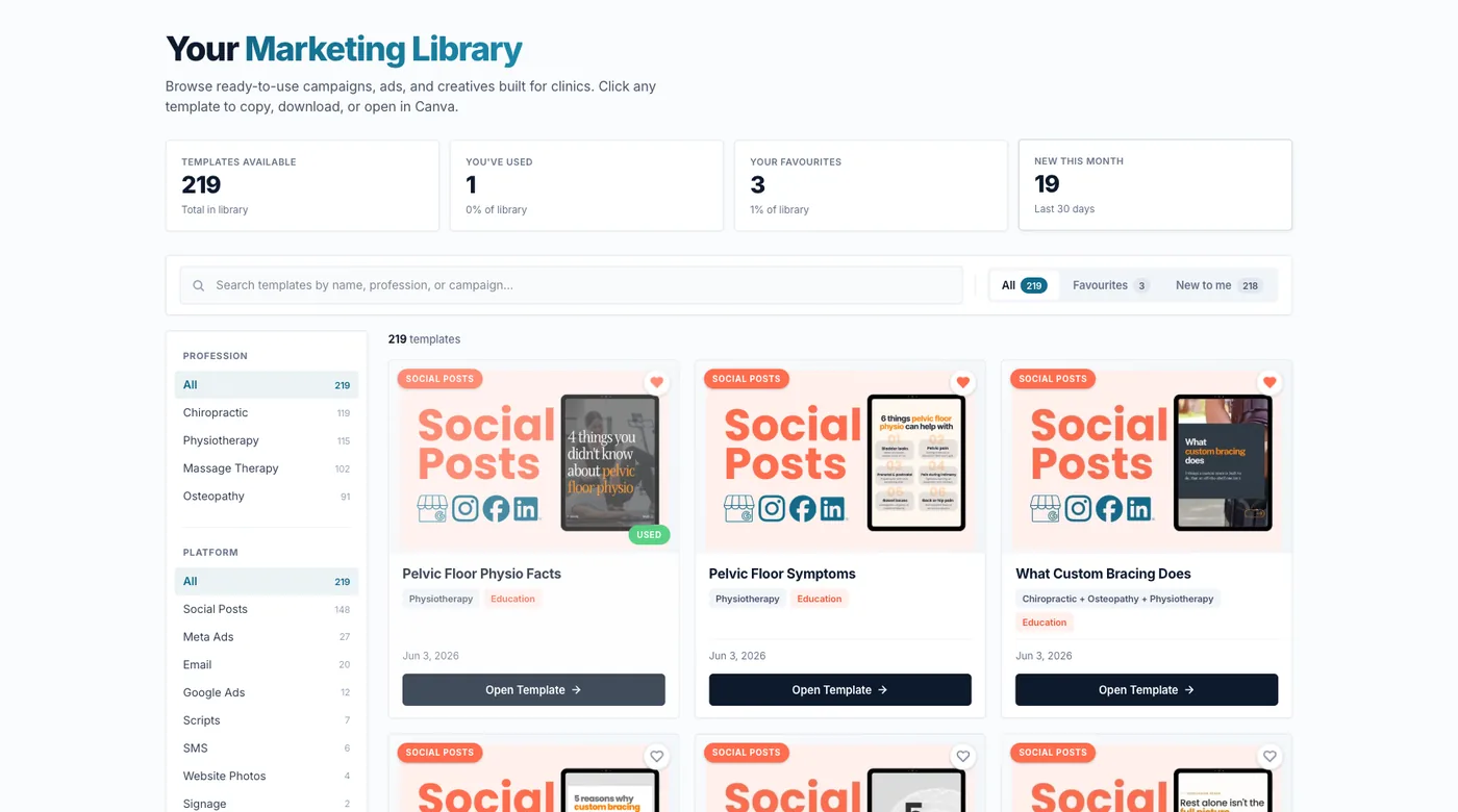 Cliniverse Marketing Library showing a grid of ready-to-use ads, posts, and templates for clinics