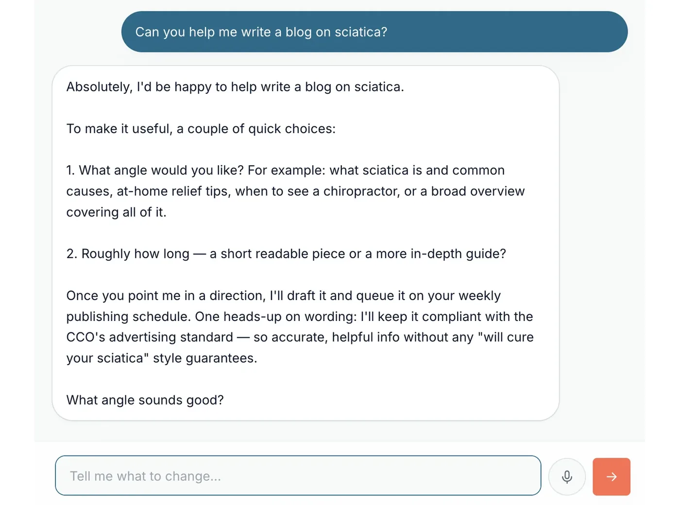 Cliniverse Sites AI drafting a blog post about sciatica and offering to queue it on the clinic weekly publishing schedule while keeping it compliant