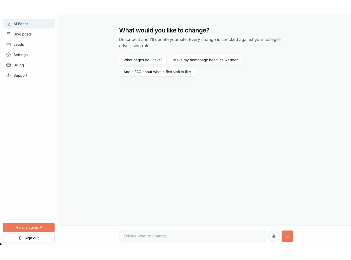 Cliniverse Sites AI editor asking what you would like to change, with suggestions to add an FAQ or warm up a headline, and a note that every change is checked against your college advertising rules