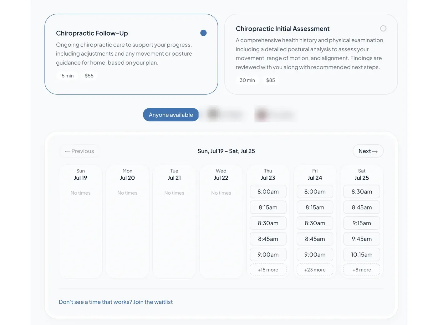 Cliniverse Sites online booking widget showing chiropractic services, practitioner selection, and open appointment times for the week