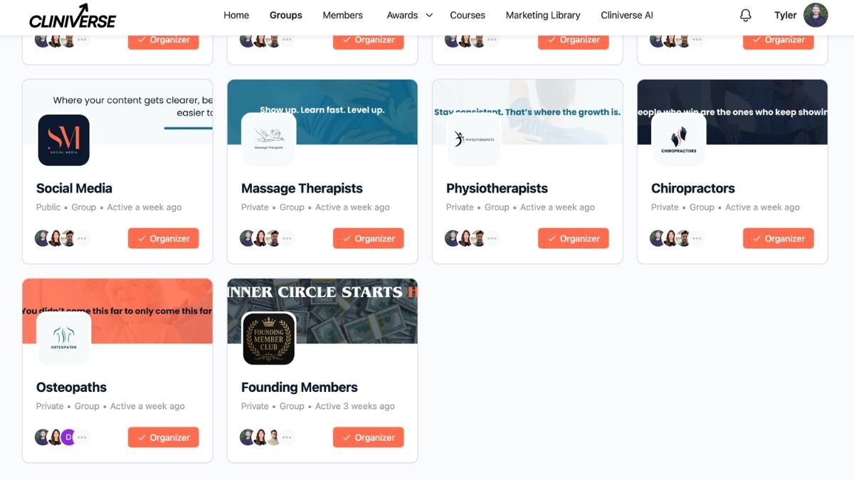 Cliniverse community groups for physiotherapists, chiropractors, osteopaths, and massage therapists