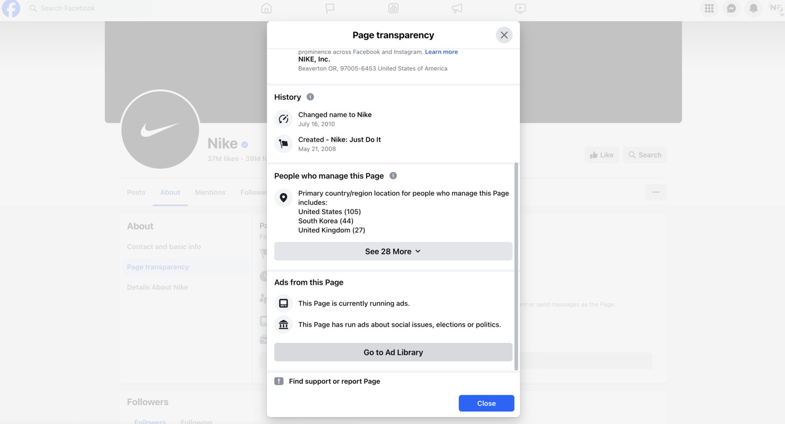 Page Transparency section of Nike's official Facebook page, detailing its history, management locations, and advertising activities