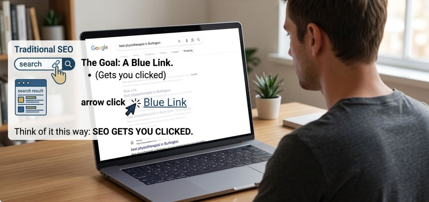 Healthcare clinic SEO explanation showing blue link clicks in search results