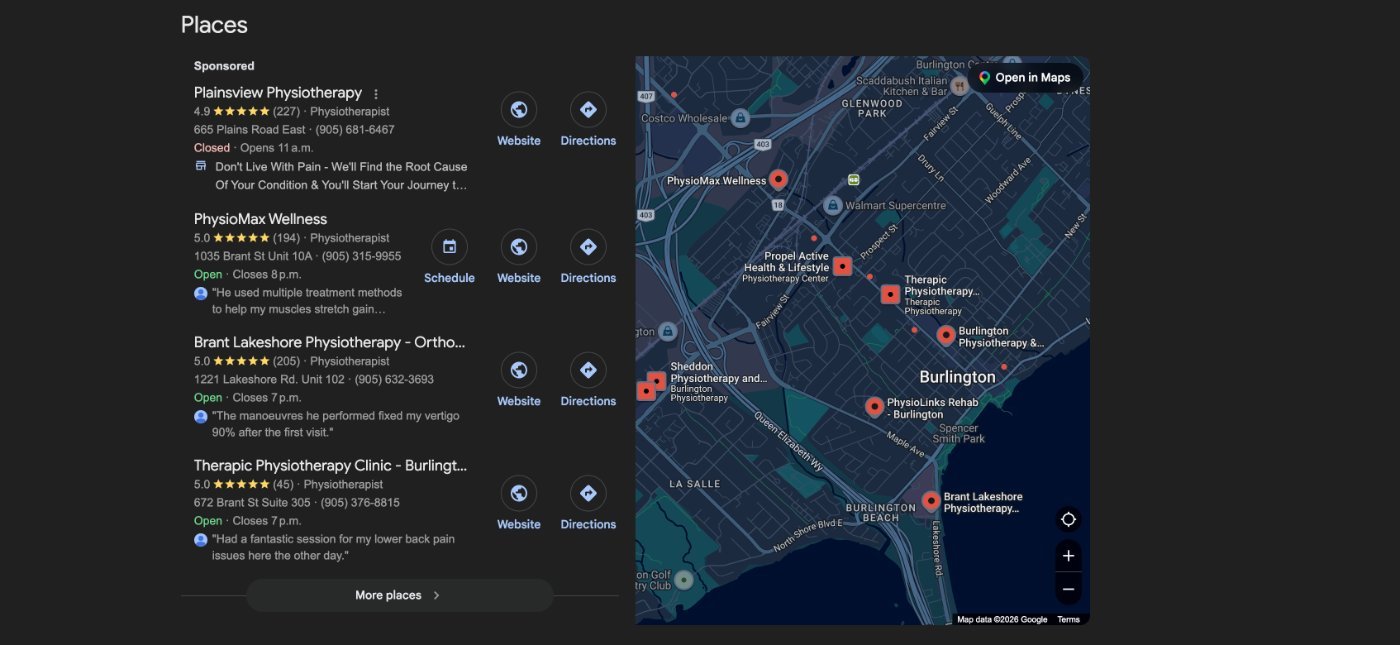 Google Maps local business results showing physiotherapy clinic reviews and ratings in Burlington area