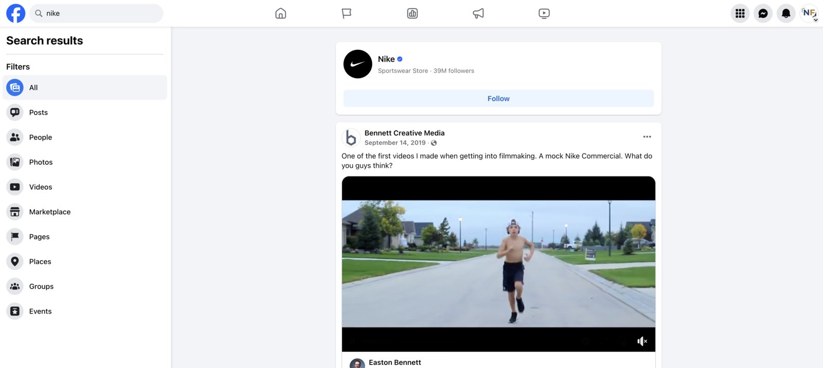 Facebook search results showing a Nike page and a creative mock Nike commercial by Bennett Creative Media