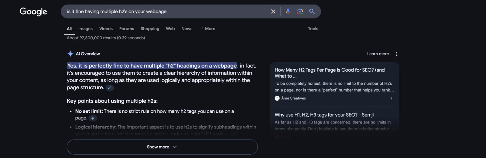google-search-results-multiple-h2-tags-seo-best-practices-newframe-digital
