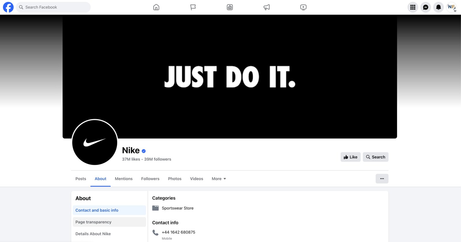 Nike Facebook page's About section showing contact information and page transparency details