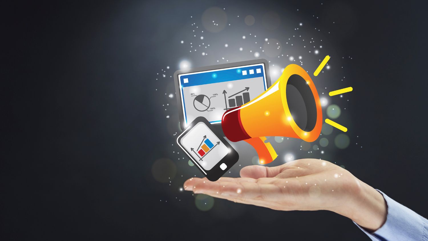Illustration representing multi-channel marketing strategy including analytics, digital ads, and business growth