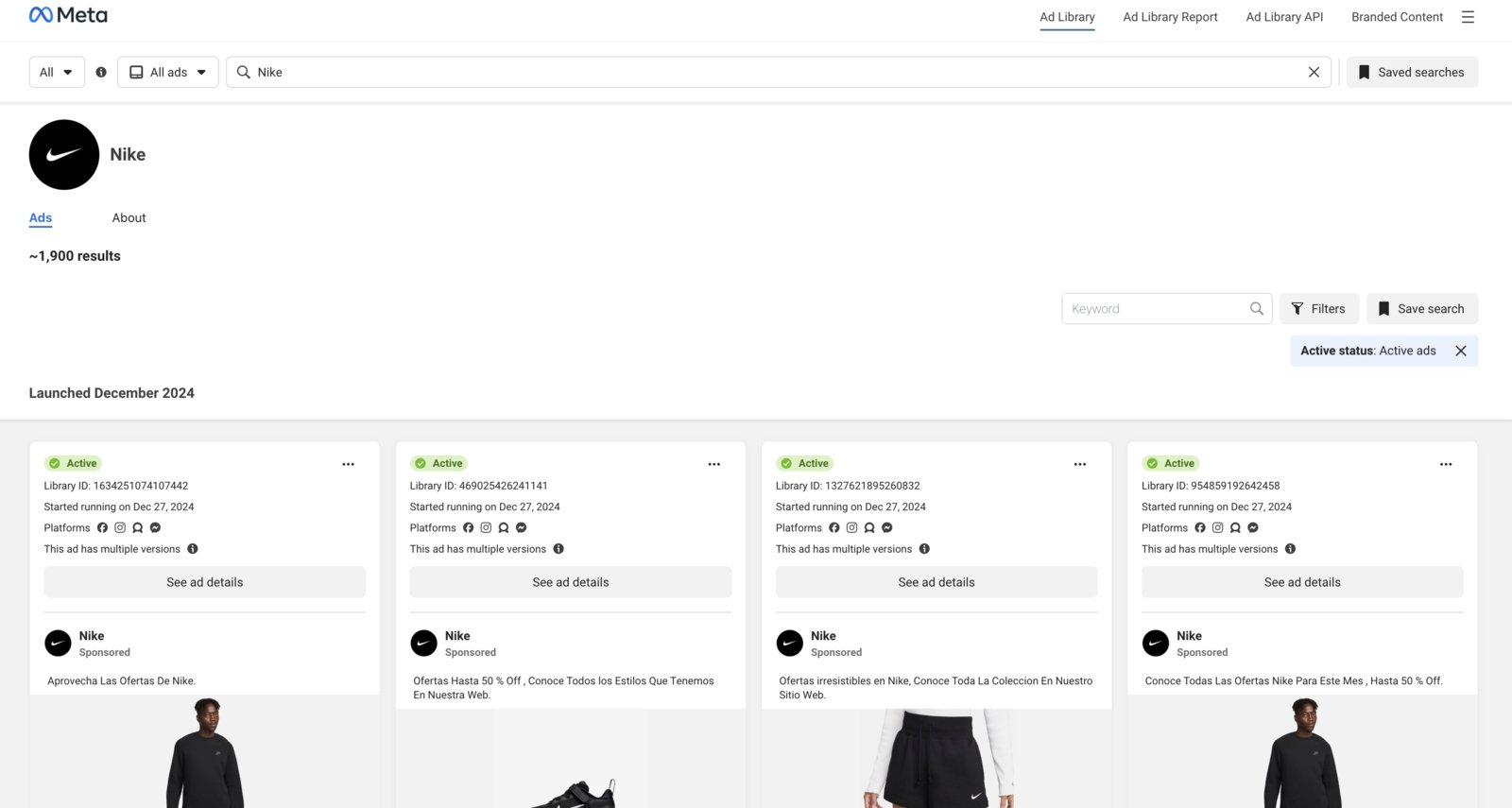 Meta Ad Library search results displaying Nike's active Facebook ads, featuring product images and promotional offers
