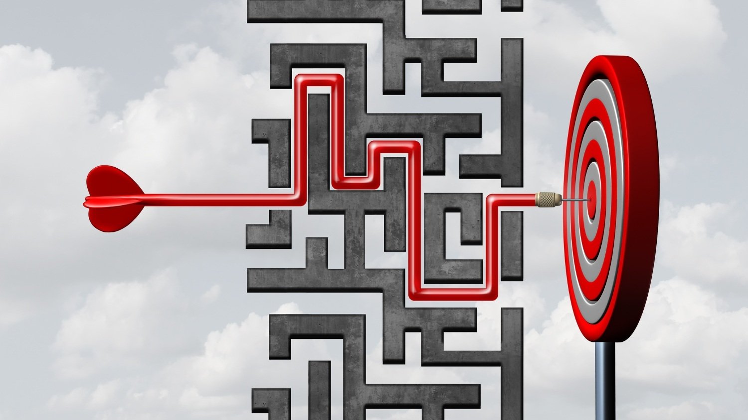 Visual of a complex path leading to a target, representing overcoming marketing challenges through clear strategy and planning