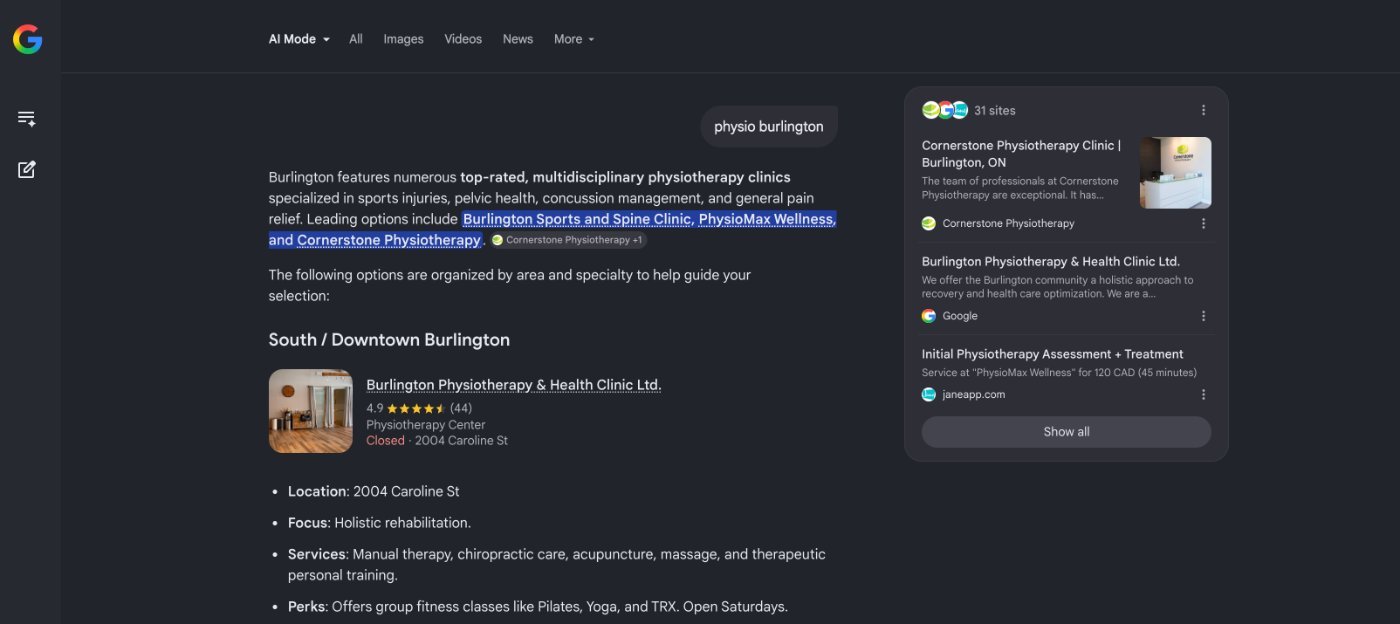 Traditional Google search results for physio Burlington showing the Map Pack with clinic listings, ratings, and website links