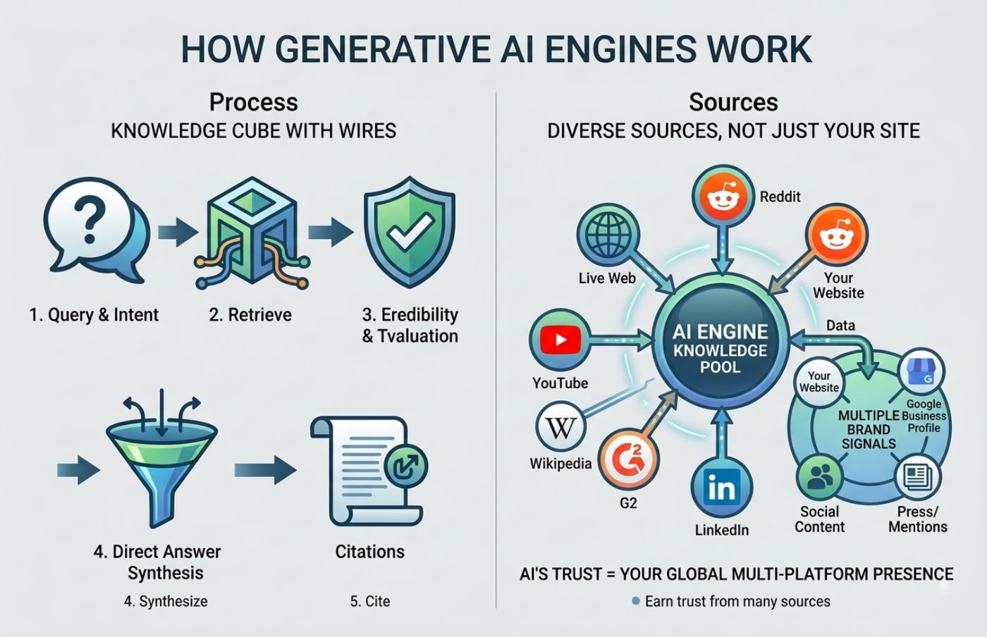Diagram showing how generative AI engines work through retrieval and evaluation process