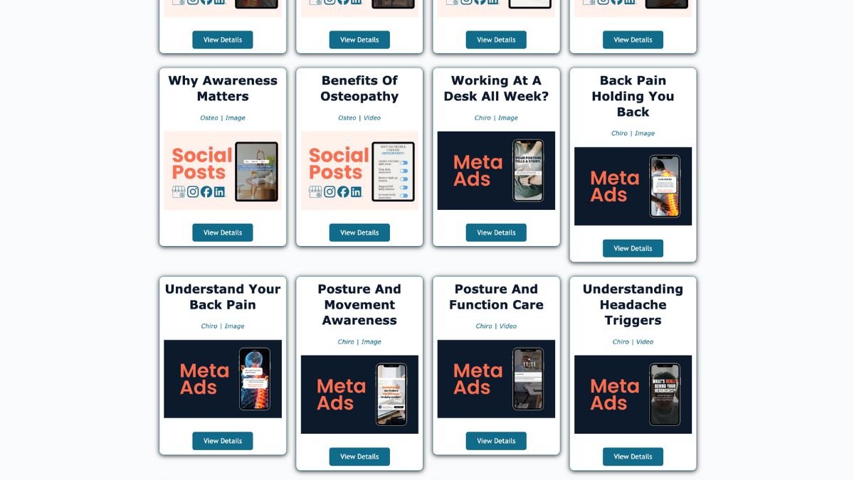 Cliniverse marketing library showing ready-to-use social posts and Meta ad templates for healthcare clinics