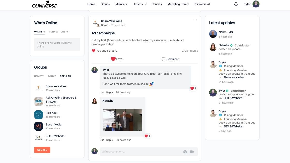 Cliniverse member community showing clinic owners sharing marketing wins and campaign results