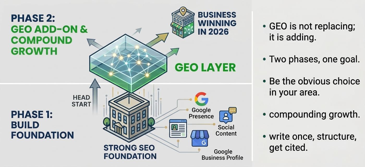 GEO strategy diagram showing Phase 1 foundation and Phase 2 growth for local business visibility