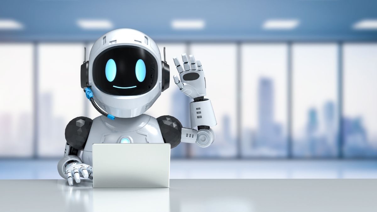 Robot using a laptop to illustrate automated follow up system for physio clinic Meta ads leads