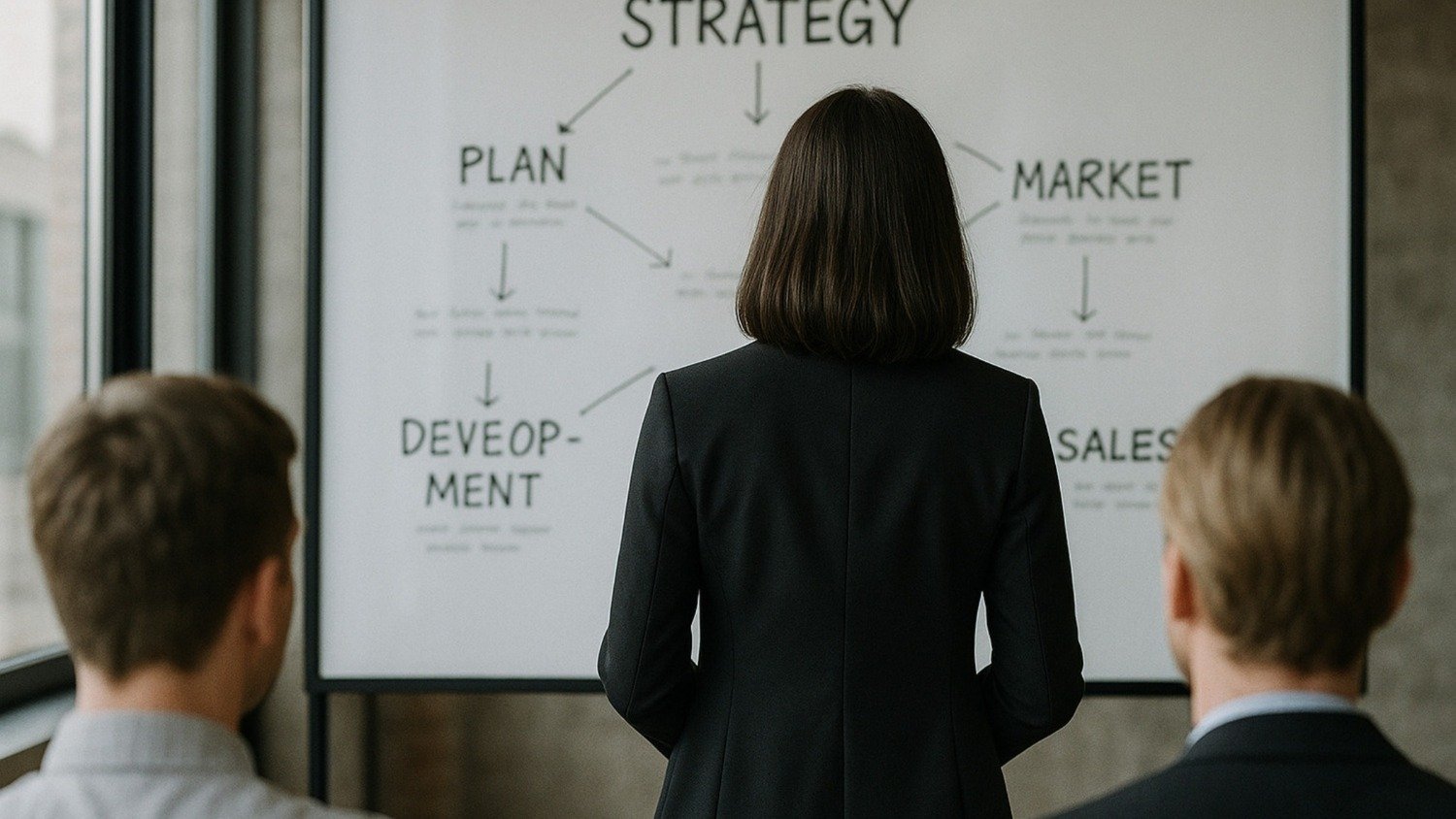 Marketing strategist presenting a structured plan and market strategy to a team, highlighting the importance of clear strategy