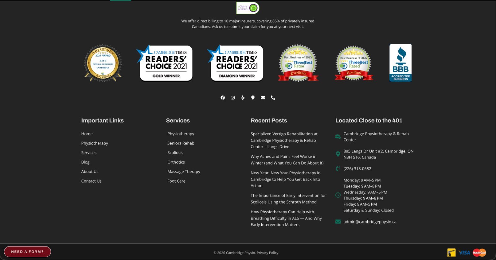 Cambridge Physiotherapy and Rehab Center website footer example showing services, locations, hours, recent blog posts, and trust badges