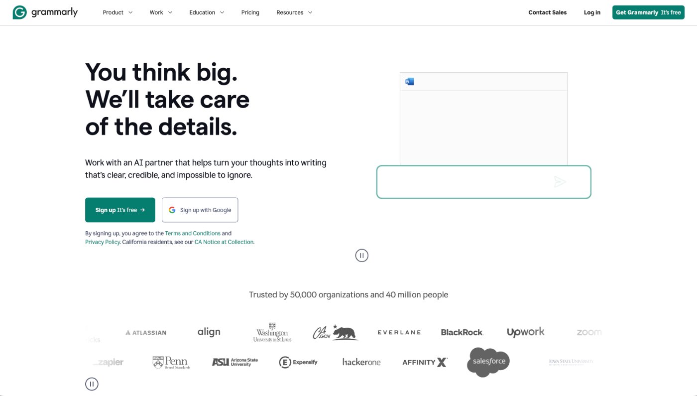 Grammarly AI writing tools platform homepage with signup interface