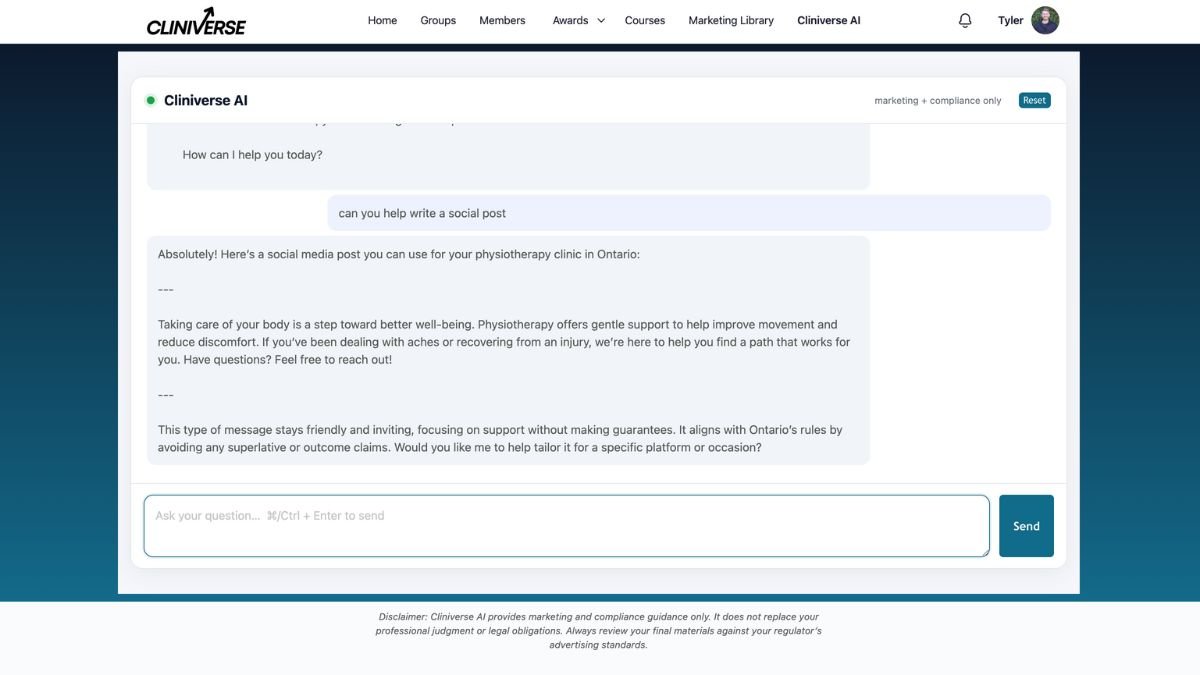 Cliniverse AI clinic assistant helping a healthcare clinic write compliant social media marketing content