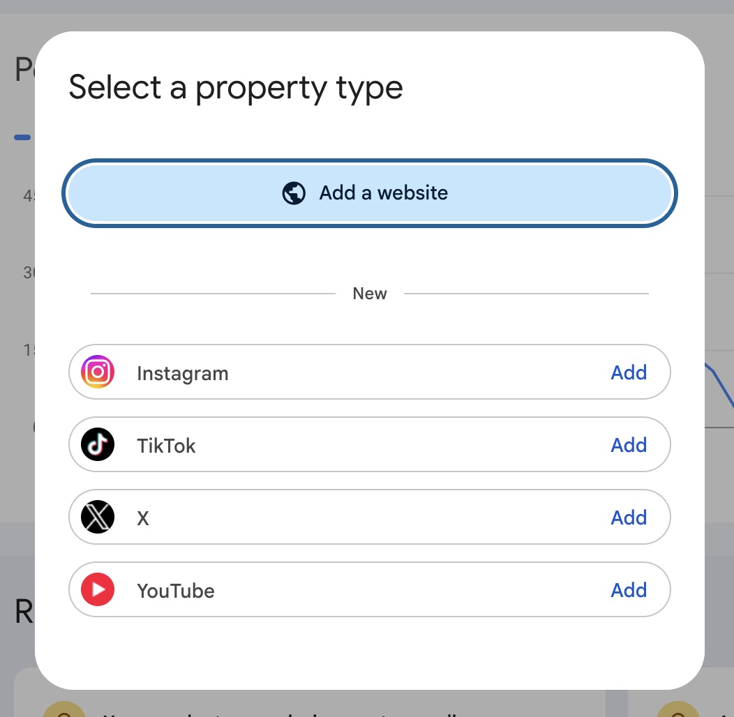 Google Search Console Select a property type panel showing Add a website above a new section listing Instagram, TikTok, X, and YouTube