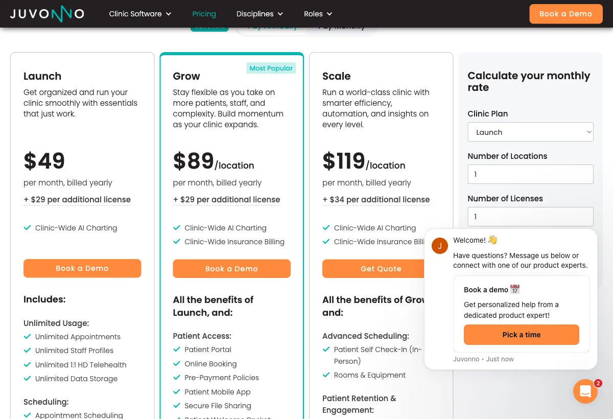 Juvonno pricing plans showing Launch, Grow, and Scale tiers per location per month