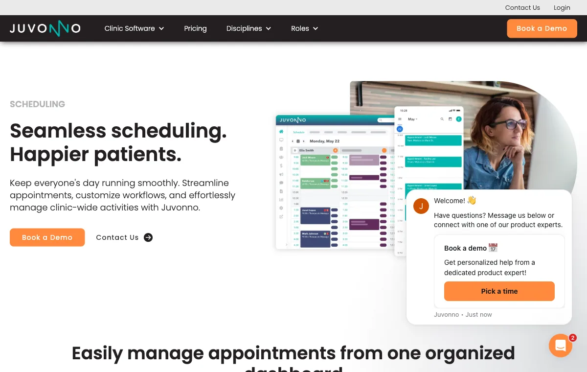Juvonno scheduling calendar showing multi-practitioner appointments across a clinic week