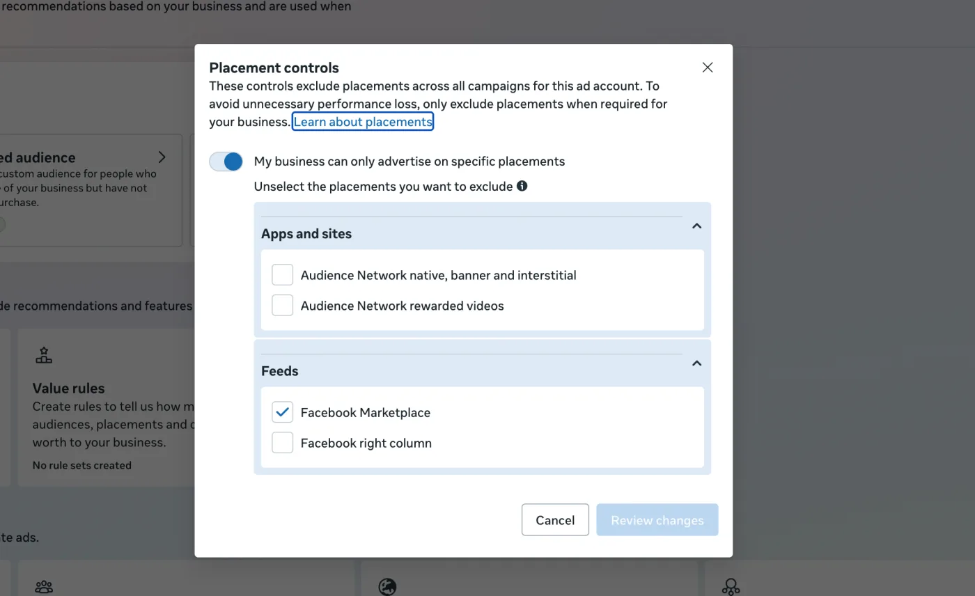 Meta account level placement controls panel with the toggle for advertising on specific placements switched on and Audience Network placements unselected