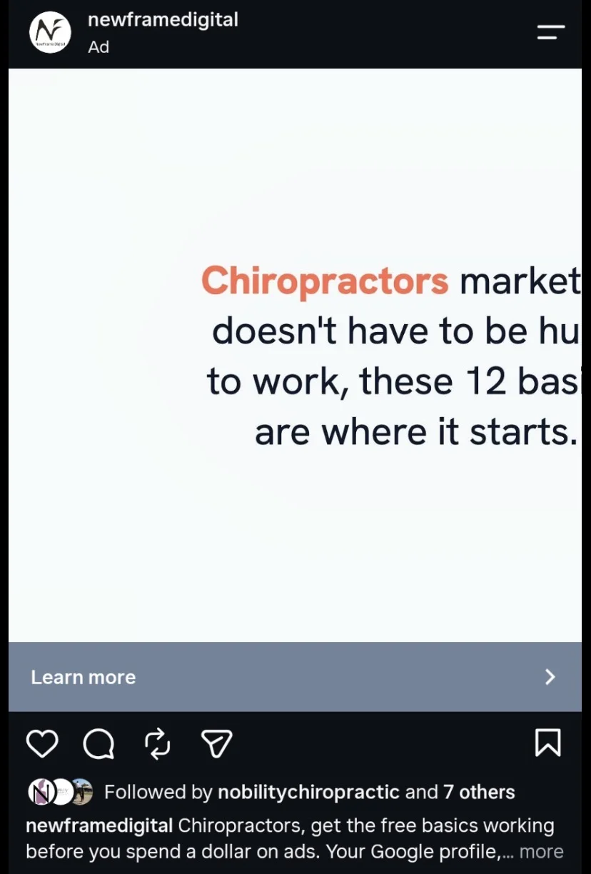 A NewFrame Instagram ad with the right edge of every line of text cut off mid-word
