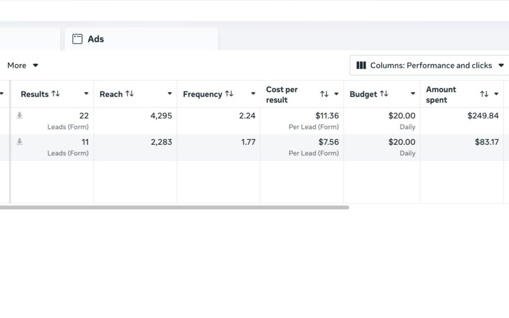 Meta Ads Manager dashboard showing 33 leads at an average $10 cost per lead across two campaigns for a clinic owner