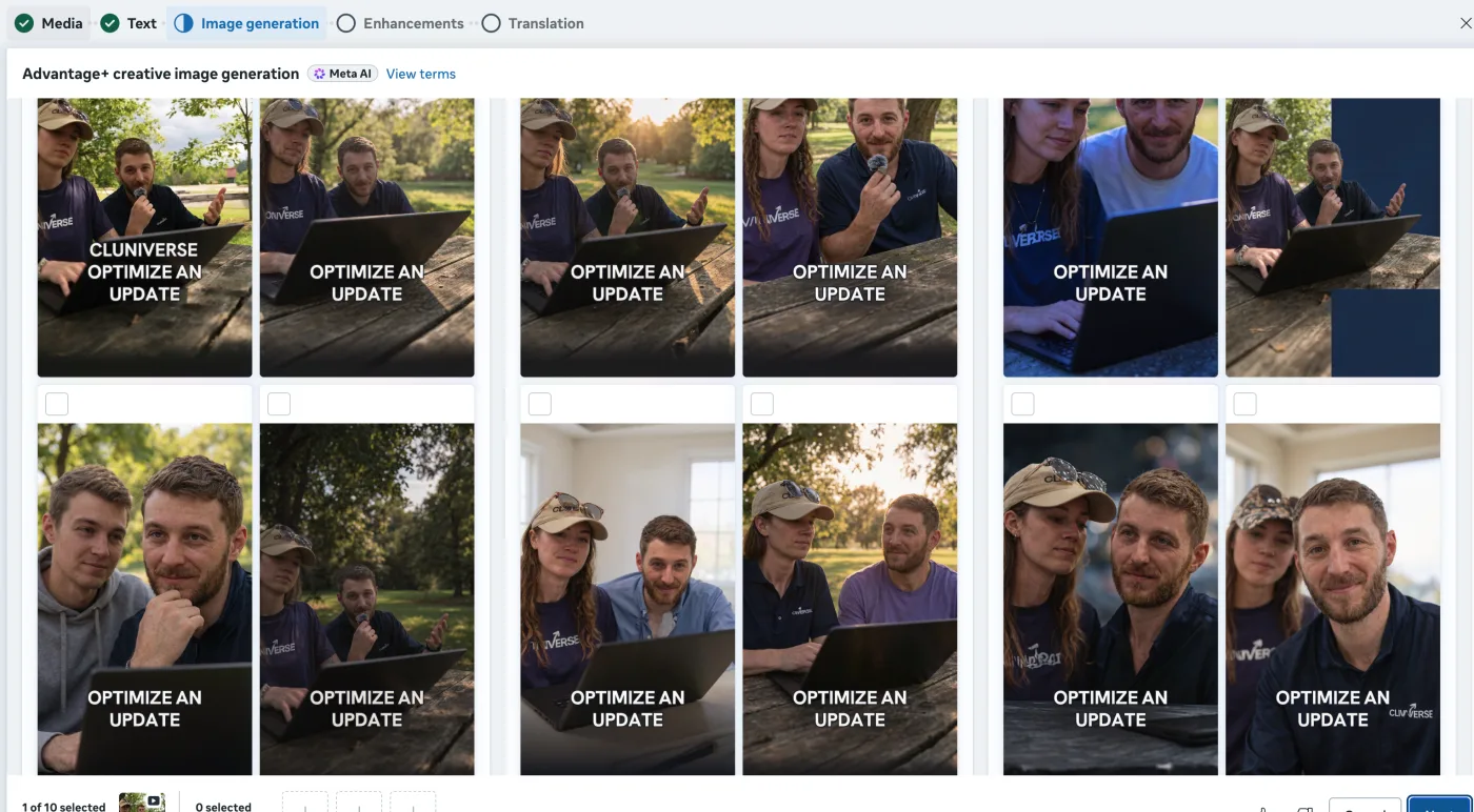 Meta Advantage+ creative image generation producing ten AI variants of a Cliniverse photo with the logo misspelled as CLUNIVERSE and the headline reading optimize an update