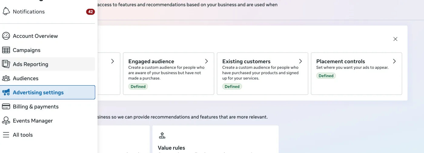 Meta Ads Manager sidebar with Advertising settings selected, showing the Placement controls card marked as defined