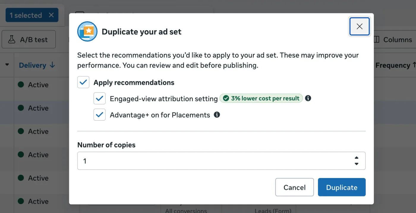 Meta duplicate ad set screen with Advantage plus options pre-checked