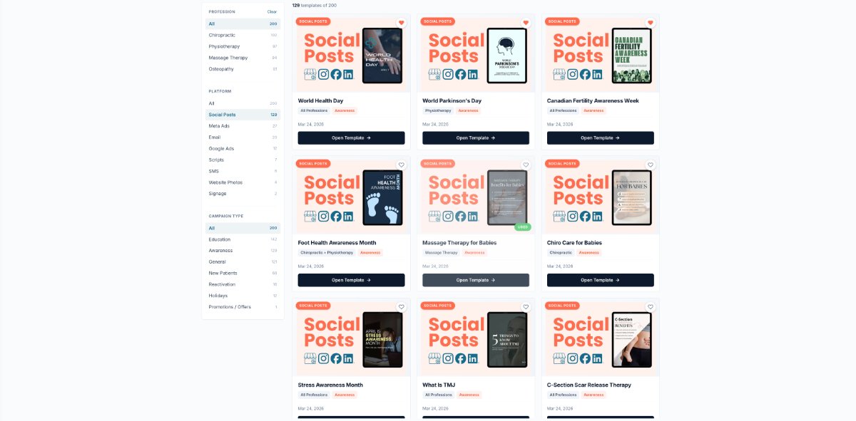 Cliniverse Marketing Library showing dozens of pre-written clinic social media post templates