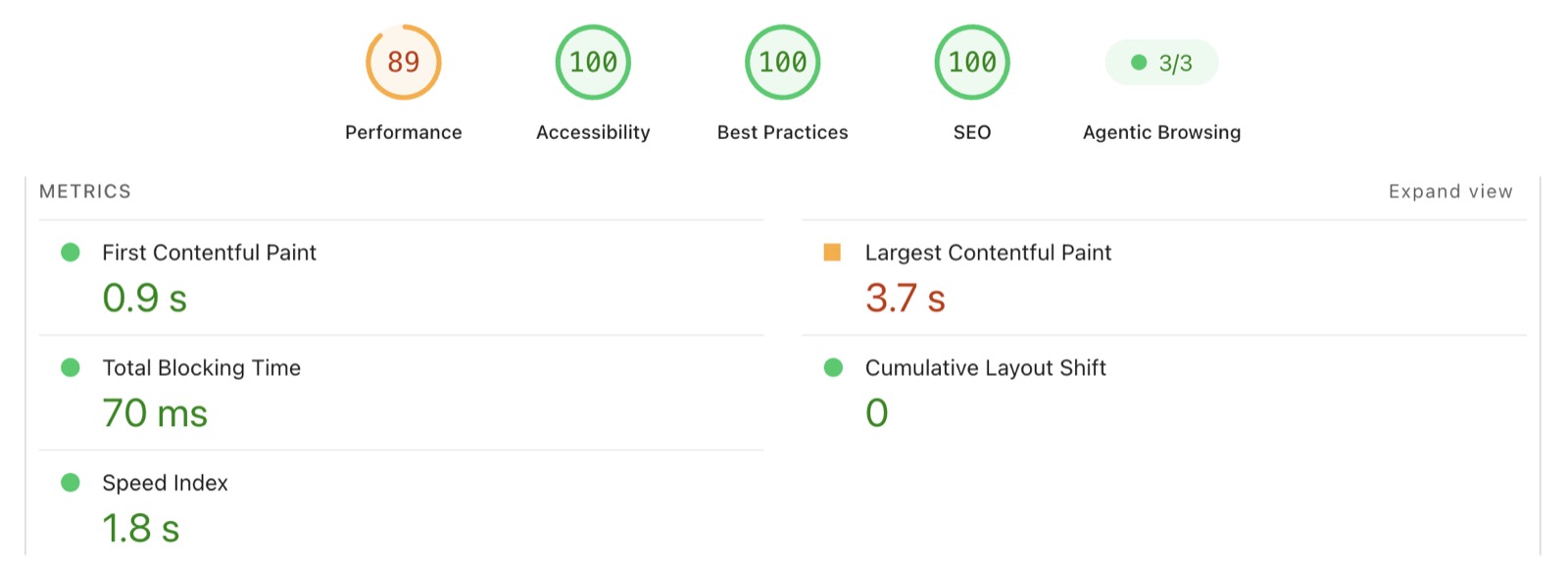 Google PageSpeed Insights mobile report after the rebuild: performance 89, accessibility 100, best practices 100, SEO 100, with largest contentful paint at 3.7 seconds