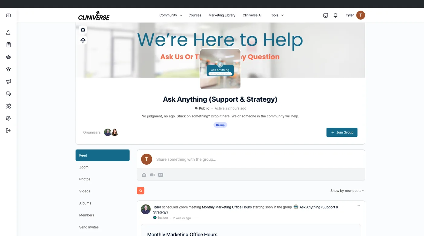 Inside a Cliniverse group with a place to post and a feed