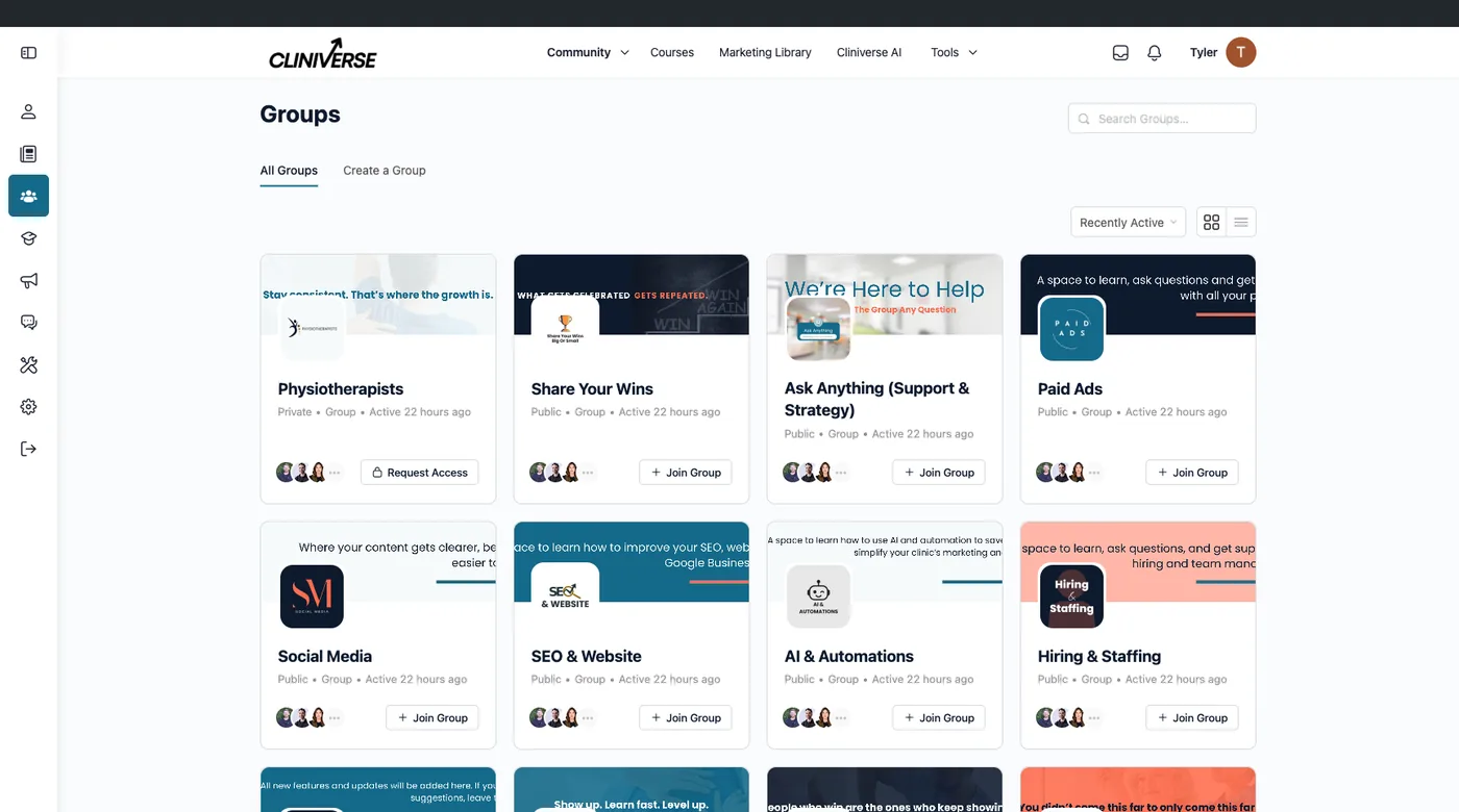 Cliniverse community groups for paid ads, getting found on Google, social media, hiring, and wins