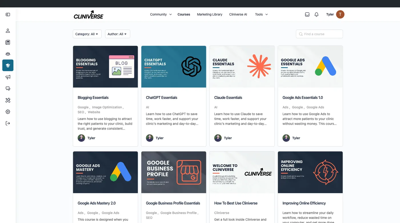 The Cliniverse course library with courses for clinic owners