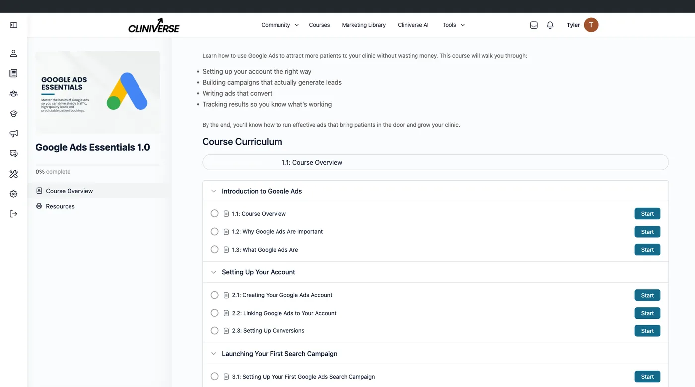 Inside a course showing the lesson curriculum and progress